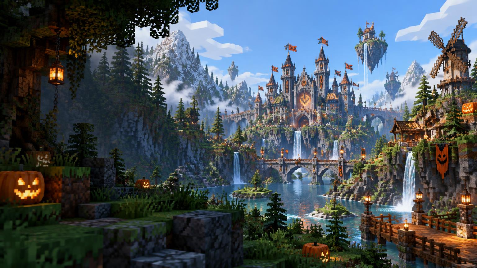 Castelo do spawn do SimboraMC decorado para o Halloween